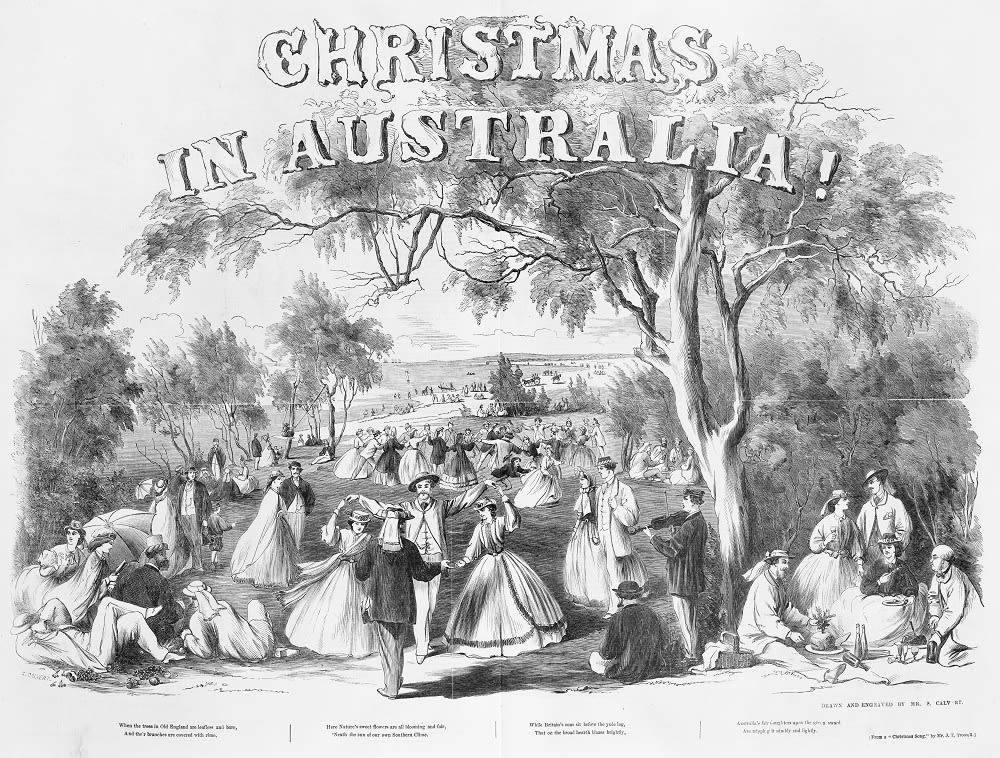 Black and white engraving of couples dancing and picnicking under gum trees