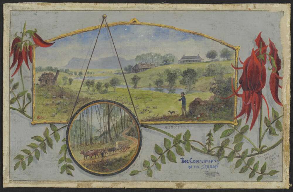 A colour illustration of a shepherd and his dog and sheep, framed by a second illustration of a horse and card. The images are framed by red native flowers and leaves.