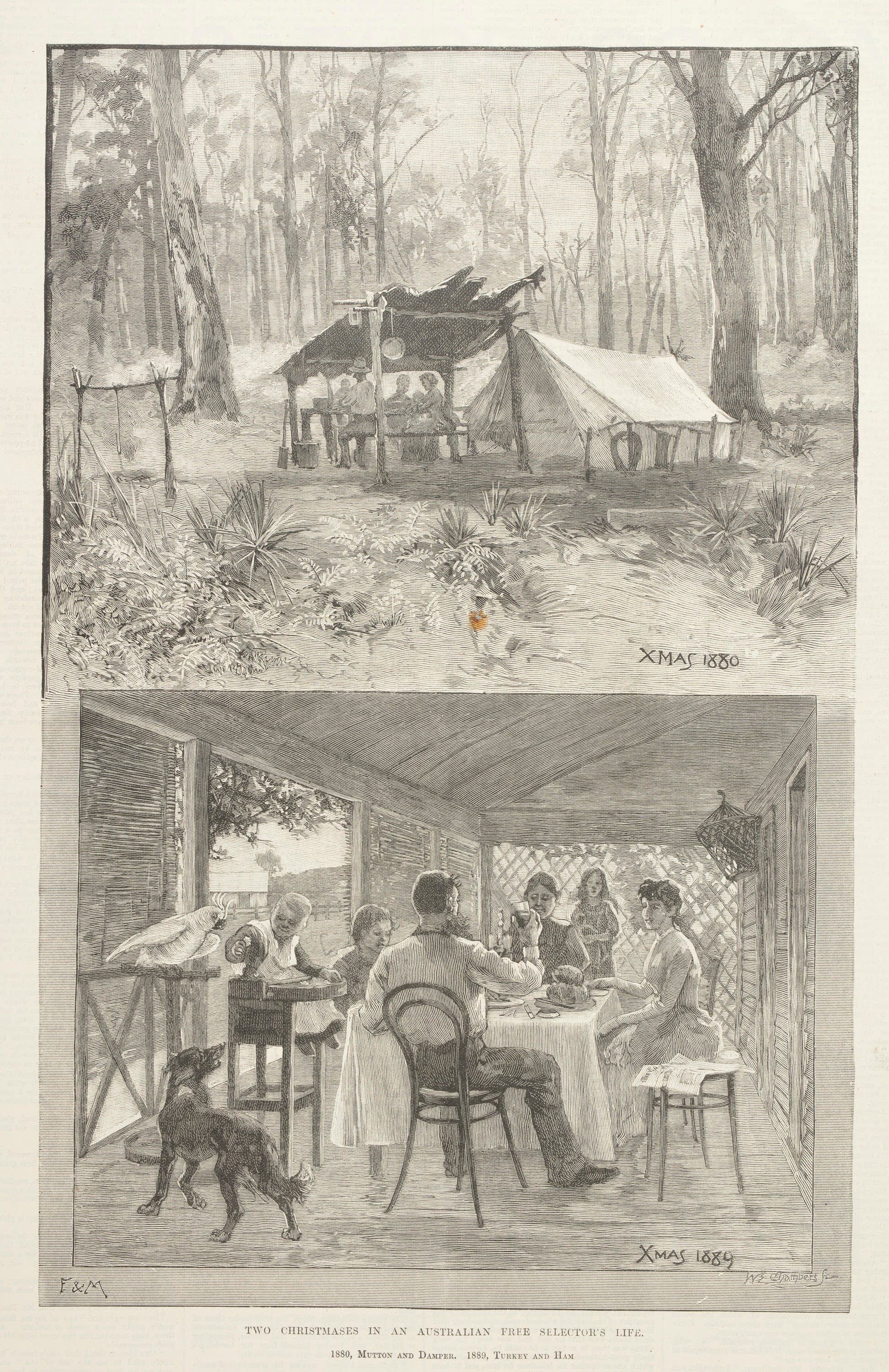 Black and white drawing of two scenes. The first is of a family having a Christmas in a hut next to a tent in the bush, the second below it is a family having lunch in a more solid home.
